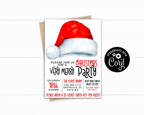Christmas Party - Secret Santa, Company Xmas, Family, Christmas Cocktail Digital Invitation -DIY Invite - Very Merry Santa Party Invite