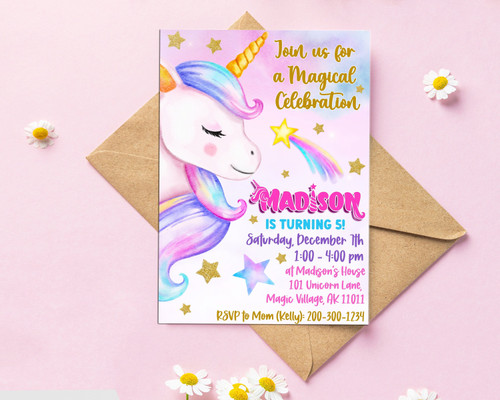 Unicorn Digital Invitation - Girl's Birthday Invite - DIY Birthday Template - Edit with Corjl - Instant Download! Unicorn Party Phone Invite