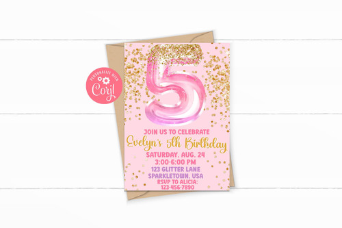 Girl's 5th Birthday Digital Invitation - Girl's Birthday Invite - DIY Birthday Template - Instant Download! Pink & Gold Glitter