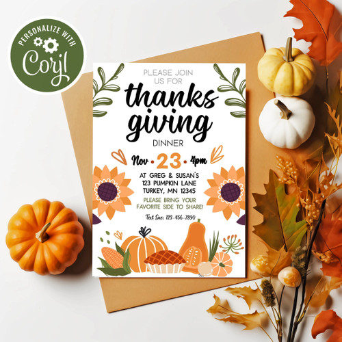 Thanksgiving Dinner Digital Invitation -DIY Thanksgiving Give Thanks Invite - Dinner Party - Edit Yourself - Instant Download!
