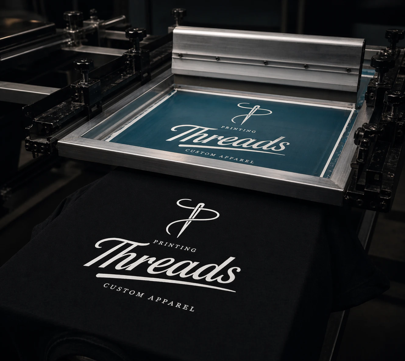 Screen printing press applying ink to a garment