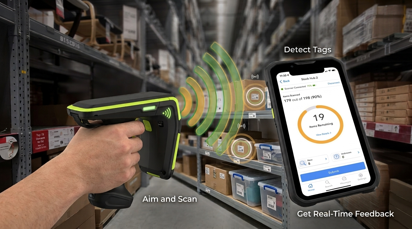 RFID scanner detecting inventory tags on warehouse shelving