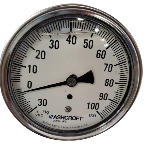 SS Gauge, 3-1/2" Dia, Liq Fill, 1/4 Back Mnt, 30Imv-100#