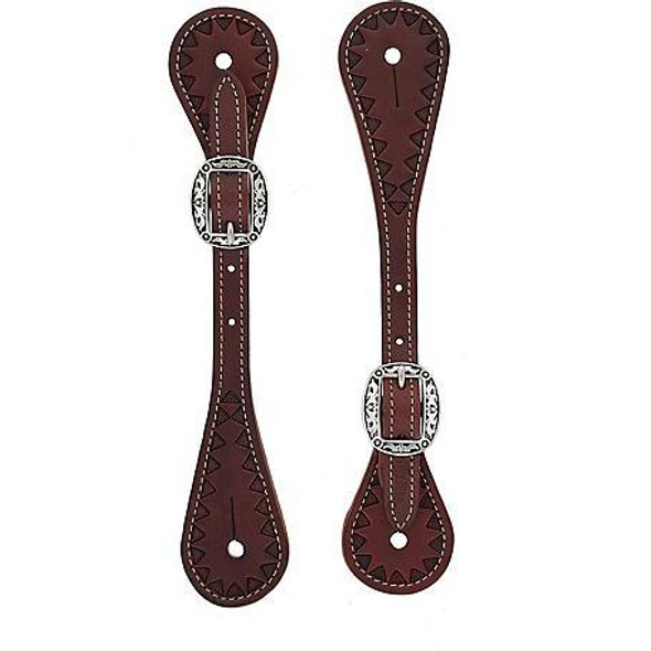 YOUTH HAND TOOLED TRIANGLE BORDER SPUR STRAPS, CHESTNUT