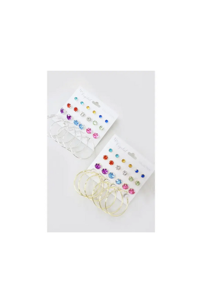 12-Pair Color Rhinestone Multi Stud and Earring Set