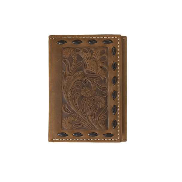Nocona Trifold & Bi-Fold Wallet Floral Embossed Chocolate Buck Lacing Brown
