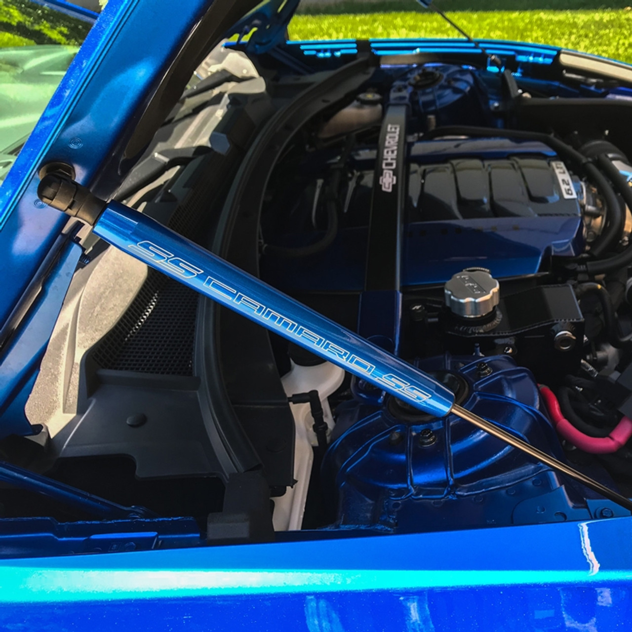 Camaro 2016-Up Color Match Billet Hood Shock Covers - on car (SS logo shown)