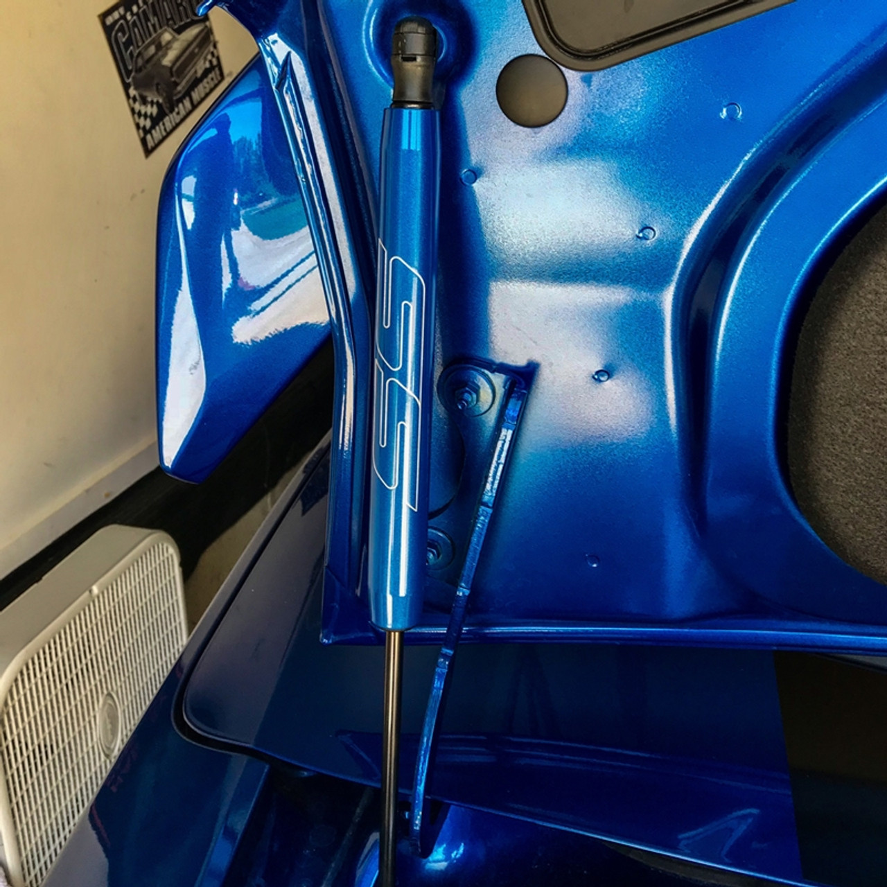 Camaro 2016-Up Color Match Billet Trunk Shock Covers - on car (SS logo shown)