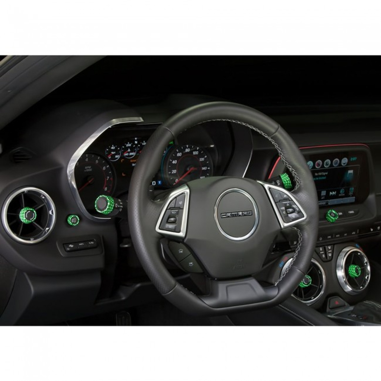 2016-2024 Camaro Billet Interior Knob Kit - CF Krypton Green inside