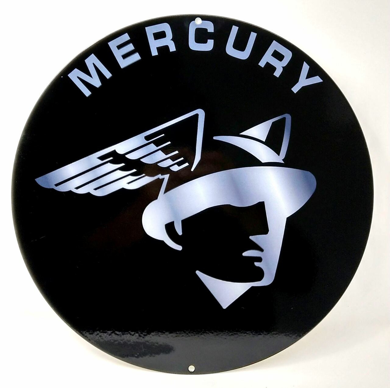 Mercury Head Black Round Metal Sign