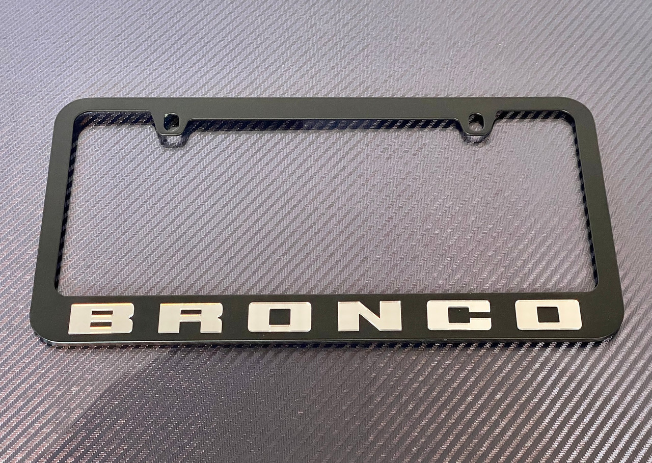 Ford Bronco Black License Plate Frame - Mirror Letters (at angle)