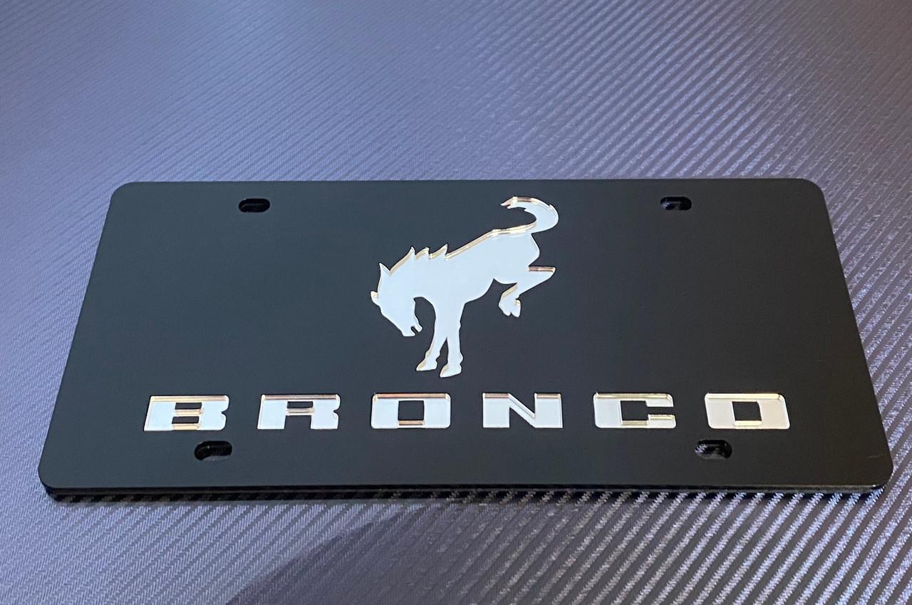 Ford Bronco Black Acrylic License Plate - Mirror Logo/Word (alt angle)