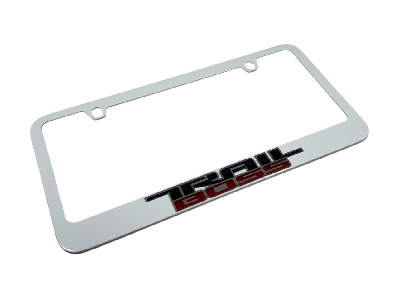 Chevrolet Trail Boss White License Plate Frame (angle)