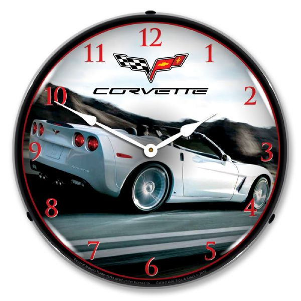 C6 White Corvette Convertible LED Backlit Clock