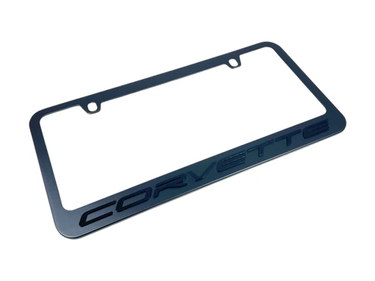 C8 Corvette Black Script Black License Plate Frame - (angled)