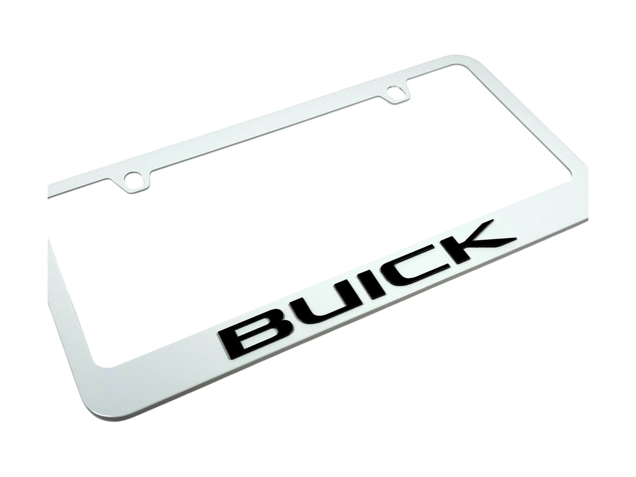 Buick White License Plate Frame - Black Script (angled zoom)