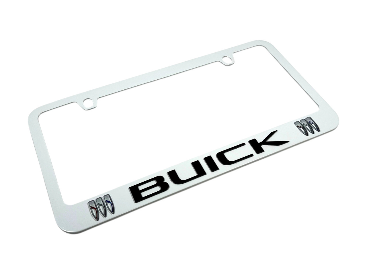 Buick White License Plate Frame - Black Script/Logo (angled)