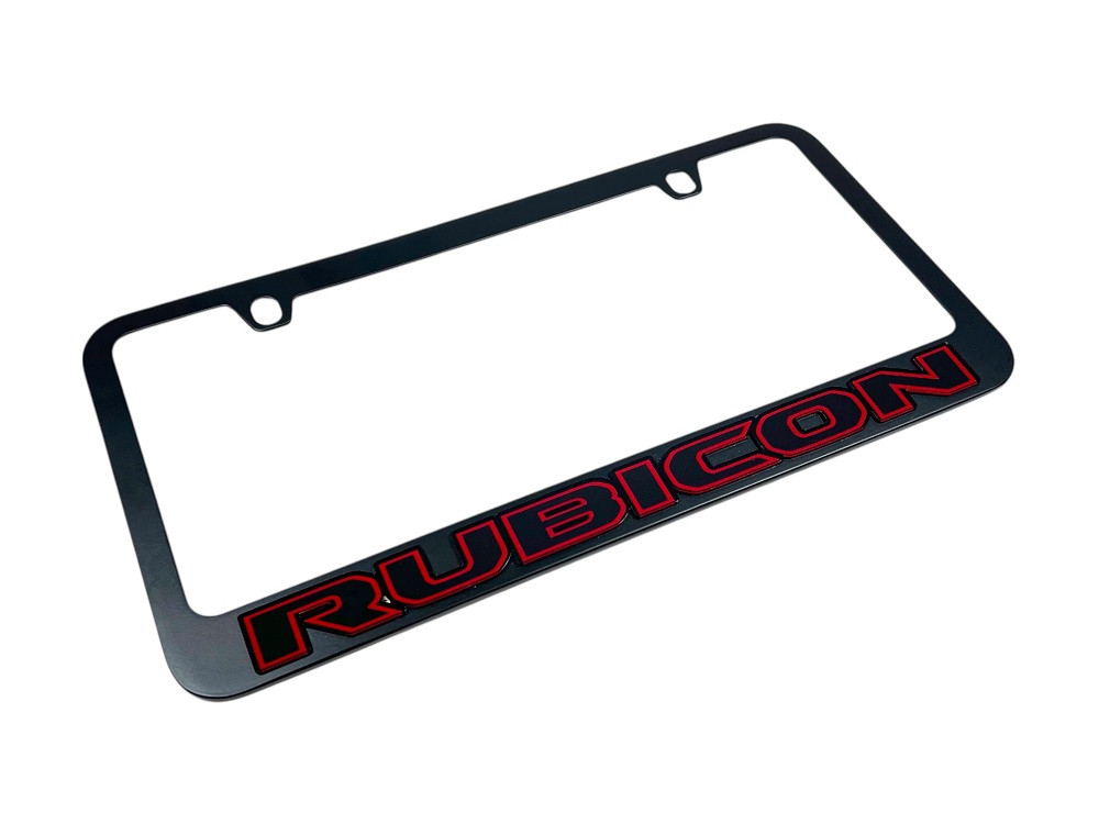 Jeep Rubicon Black License Plate Frame - Black/Red Logo - angled