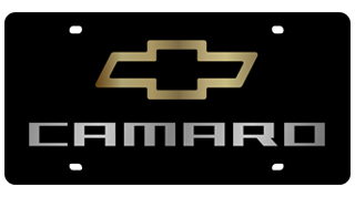 Camaro Gold Bowtie/Mirror Lettering Black Acrylic License Plate