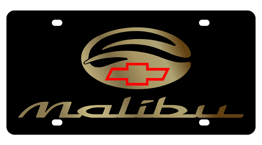 Chevrolet Malibu Black Acrylic License Plate - Gold Script