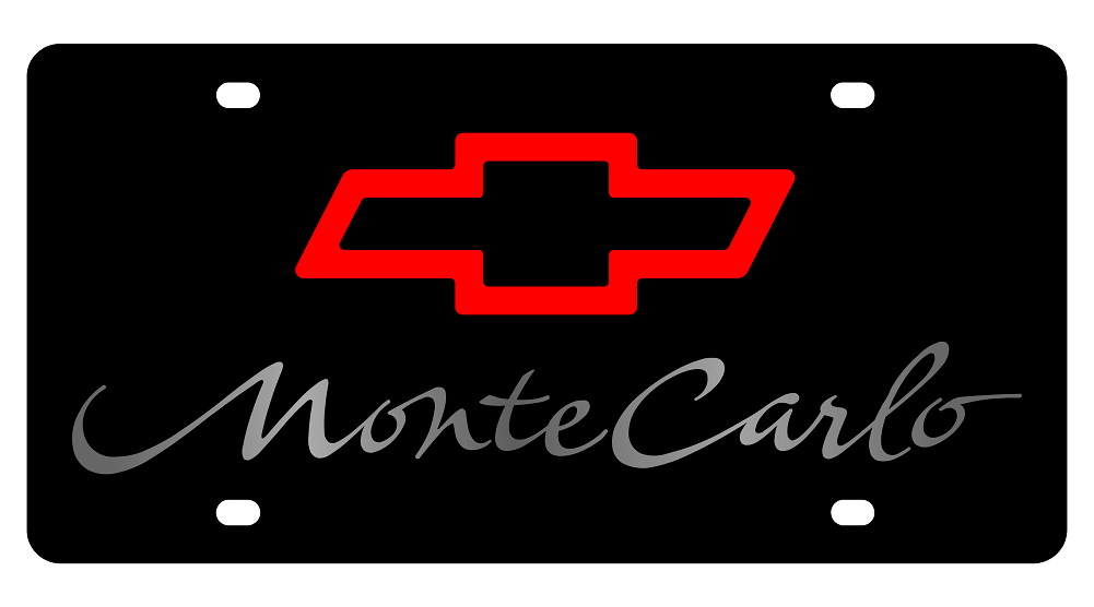 Chevrolet Monte Carlo Red Bowtie/Mirror Lettering Black Acrylic License Plate