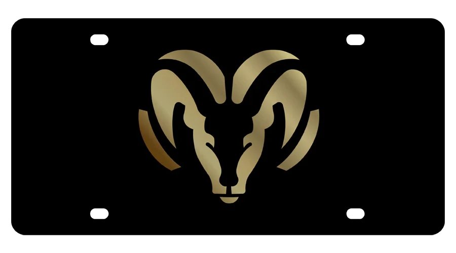 Dodge Ram Head Black Acrylic License Plate - Gold Logo