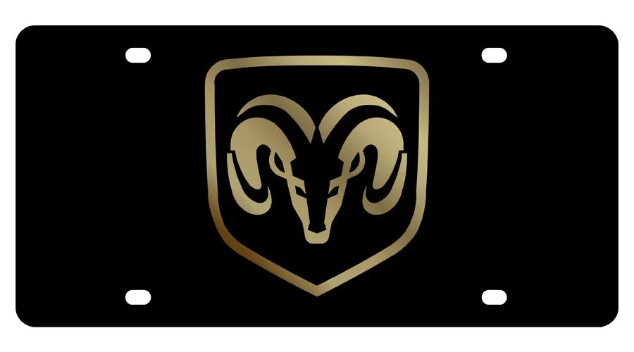 Dodge Ram Head Boxed Black Acrylic License Plate - Gold Logo