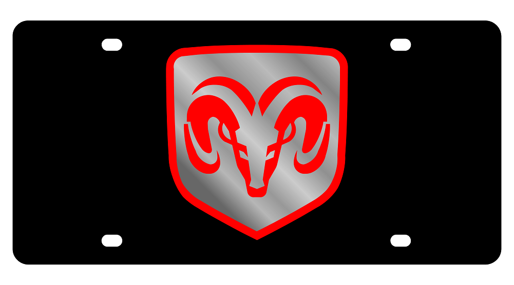 Dodge Ram Head Boxed Black Acrylic License Plate - Red Logo