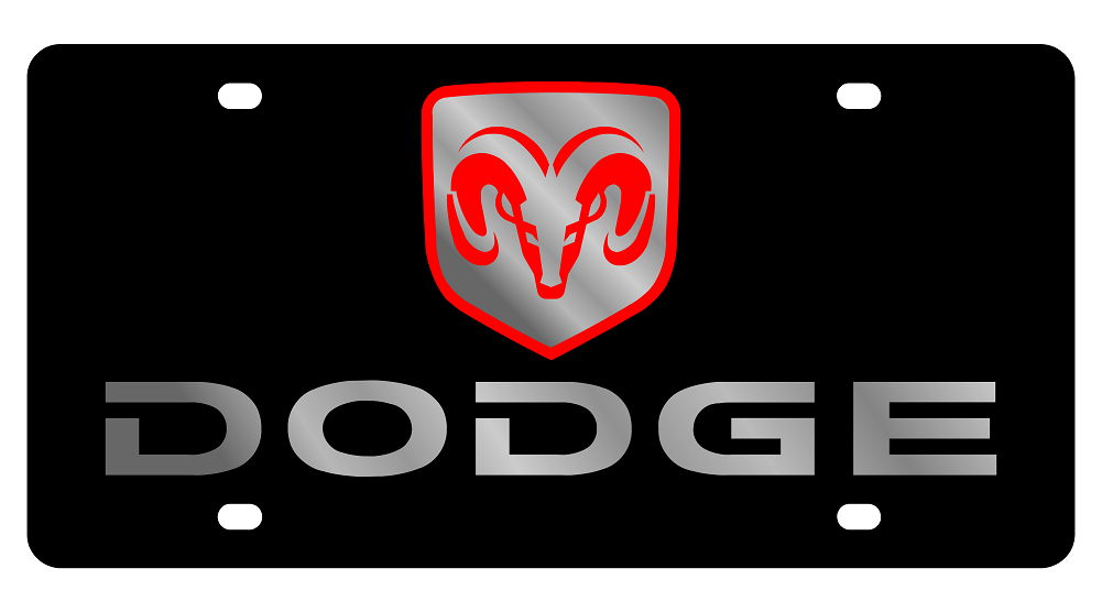 Dodge Ram Head Boxed Black Acrylic License Plate - Mirror Lettering
