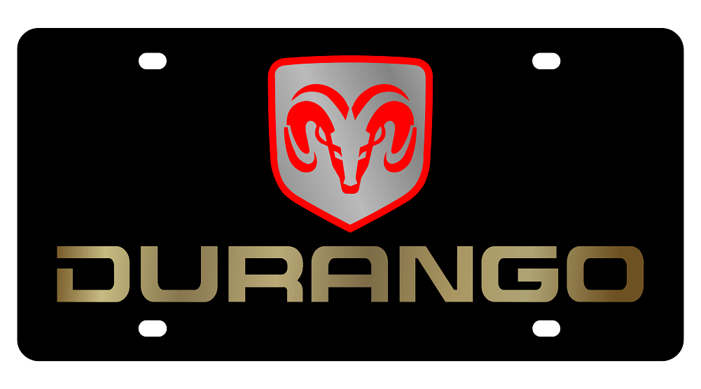 Dodge Durango Ram Head Boxed Black Acrylic License Plate - Gold Word