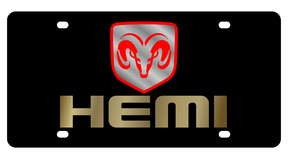 Dodge Hemi Ram Head Boxed Black Acrylic License Plate - Gold Word