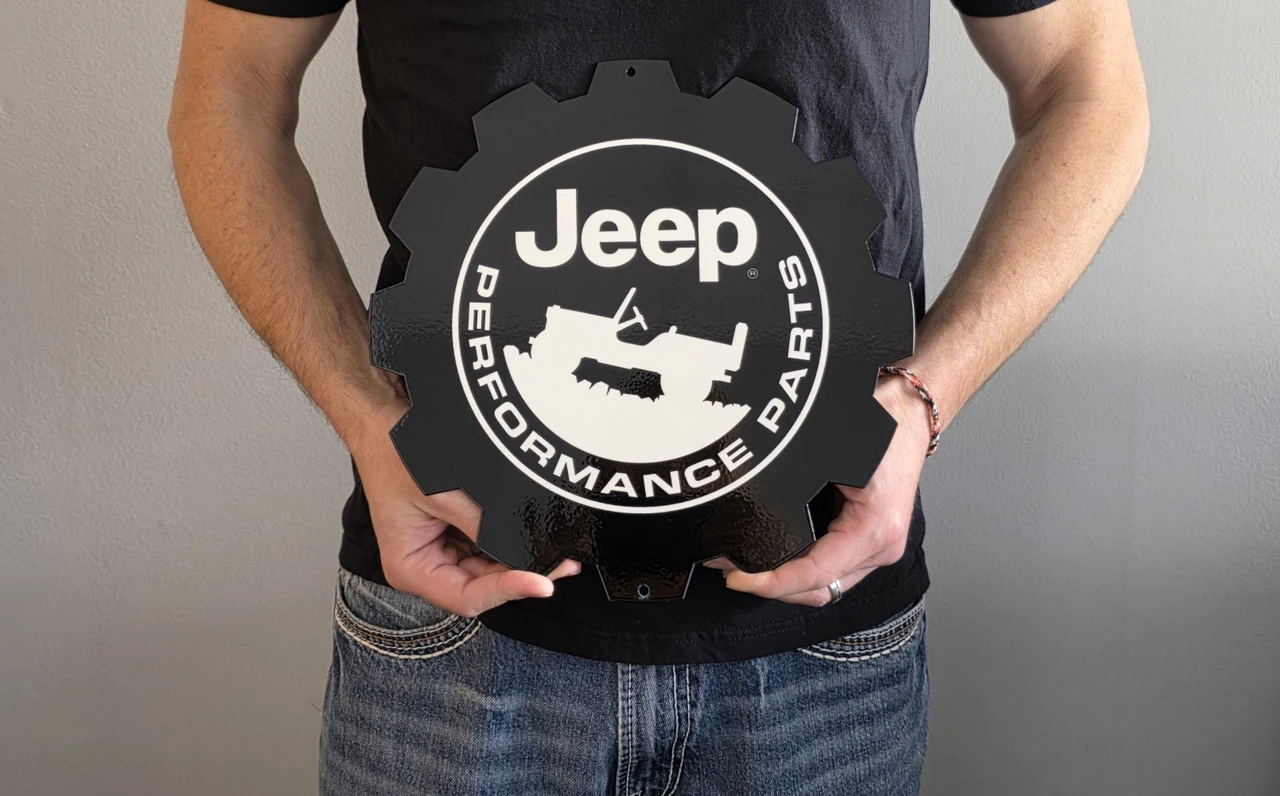 Jeep Performance Parts Metal Sign (holding in hand)