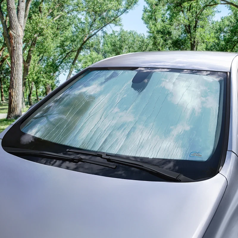 Custom Fit Roll Up Windshield Sun Shade - on silver car