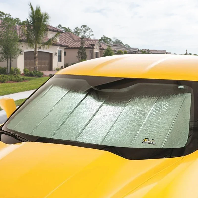Custom Fit Ultimate Reflector Folding Windshield Sun Shade - on yellow car