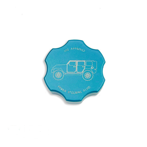 2018-Up Jeep Wrangler JL Billet Power Steering Cap Cover (light blue w/ engraved Wrangler 4-Door logo)