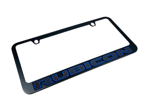 Jeep Rubicon Black License Plate Frame - Black/Blue Logo - angled