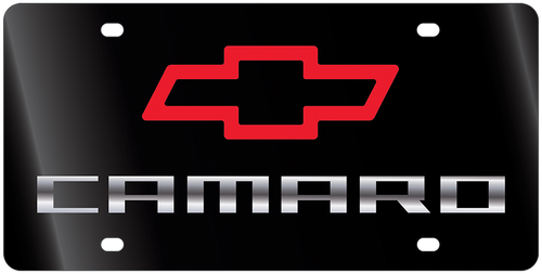 Camaro Red Bowtie/Mirror Lettering Black Acrylic License Plate