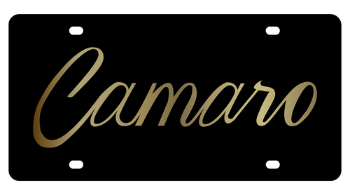 Chevrolet Camaro Black Acrylic License Plate - Gold Script