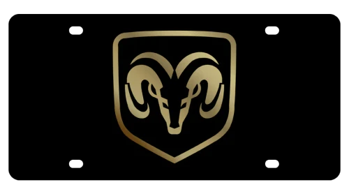 Dodge Ram Head Boxed Black Acrylic License Plate - Gold Logo