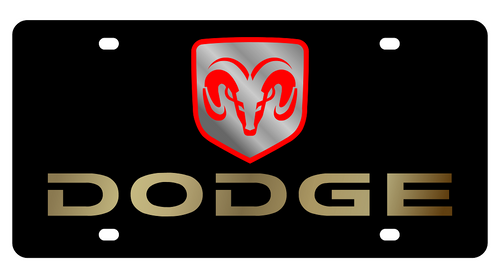 Dodge Ram Head Boxed Black Acrylic License Plate - Gold Word
