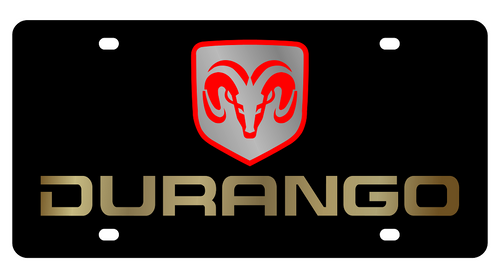 Dodge Durango Ram Head Boxed Black Acrylic License Plate - Gold Word