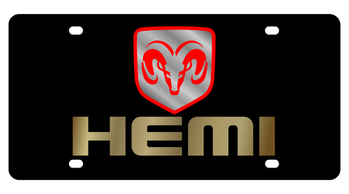 Dodge Hemi Ram Head Boxed Black Acrylic License Plate - Gold Word