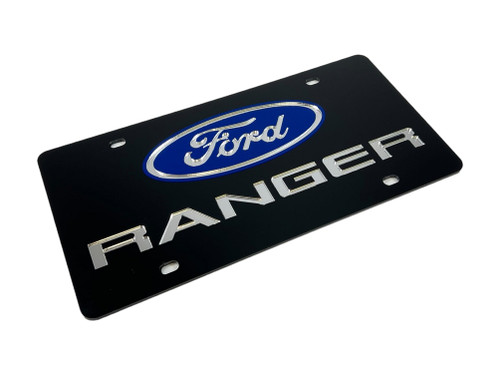 Ford Oval Ranger Black Acrylic License Plate - angled