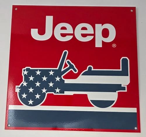 Jeep With American Flag Metal Sign