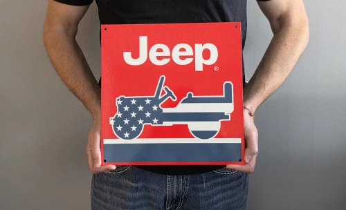 Jeep With American Flag Metal Sign (holding in hand)