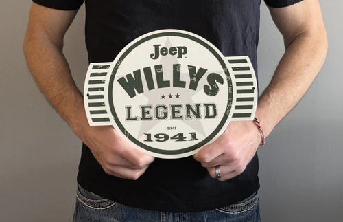 Jeep Willys Legend Emblem Metal Sign (holding in hand)