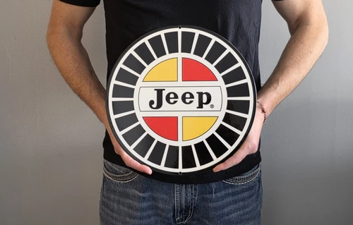 Jeep Vintage Logo Metal Sign (holding in hand)