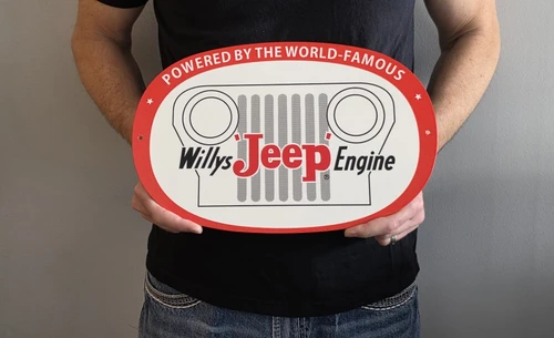Jeep Willys Engine Metal Sign (holding in hand)