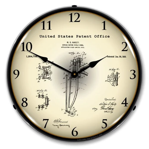 1917 Harley Davidson Springer Front Fork Patent LED Backlit Clock