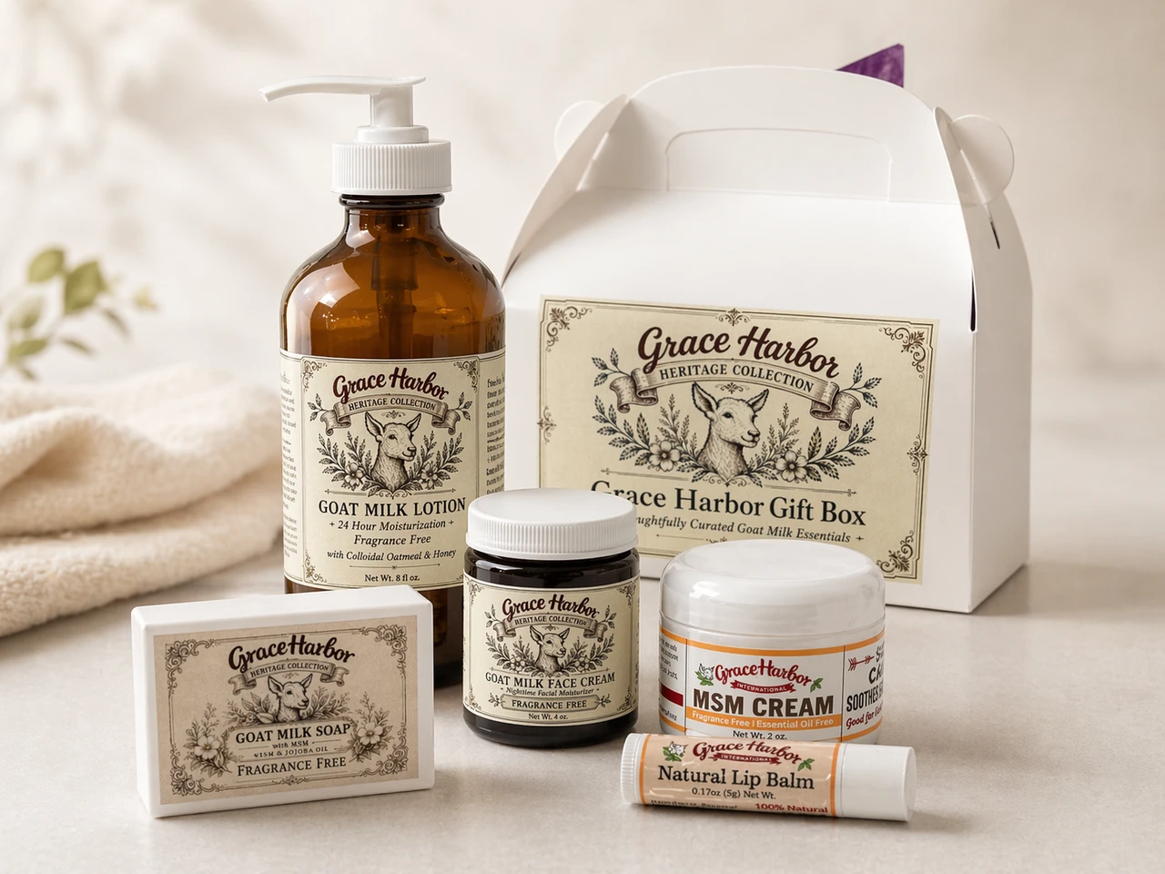 Fragrance Free Comfort Box with goat milk lotion, face cream, soap, lip balm, and 2 ounce MSM cream
